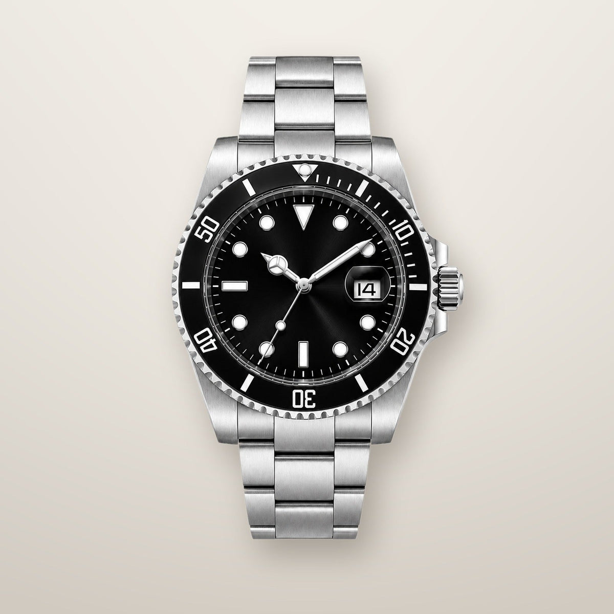 Steel automatic dive watch mod with black dial and rotating bezel