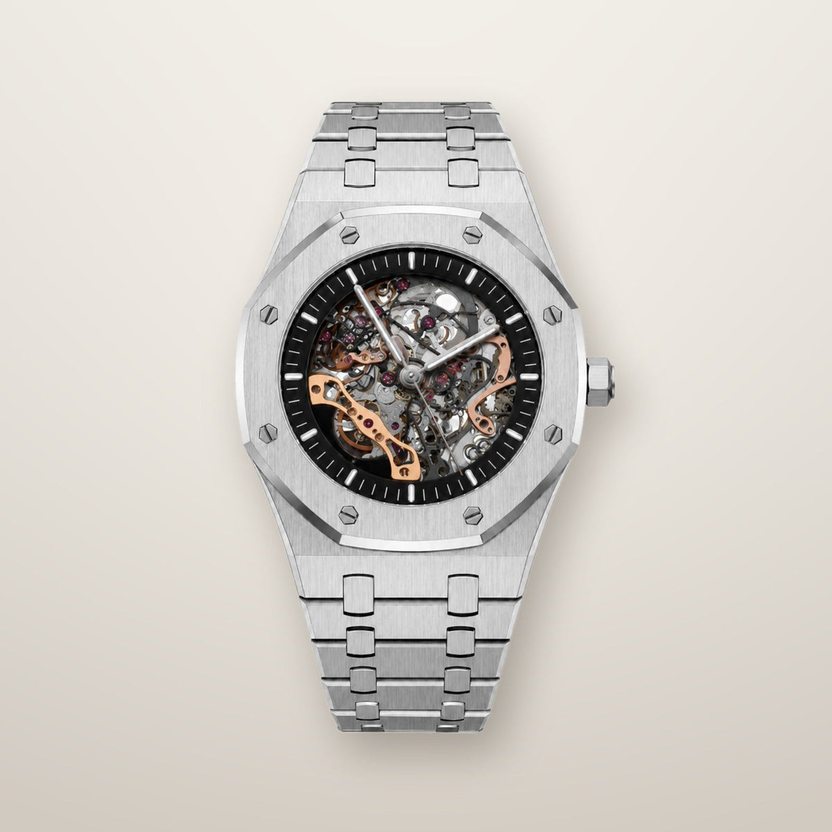 Skeleton automatic watch showing the movement through the dial