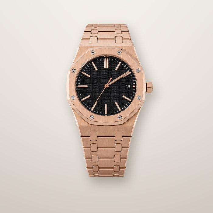 Rose gold octagon automatic watch with black tapisserie dial
