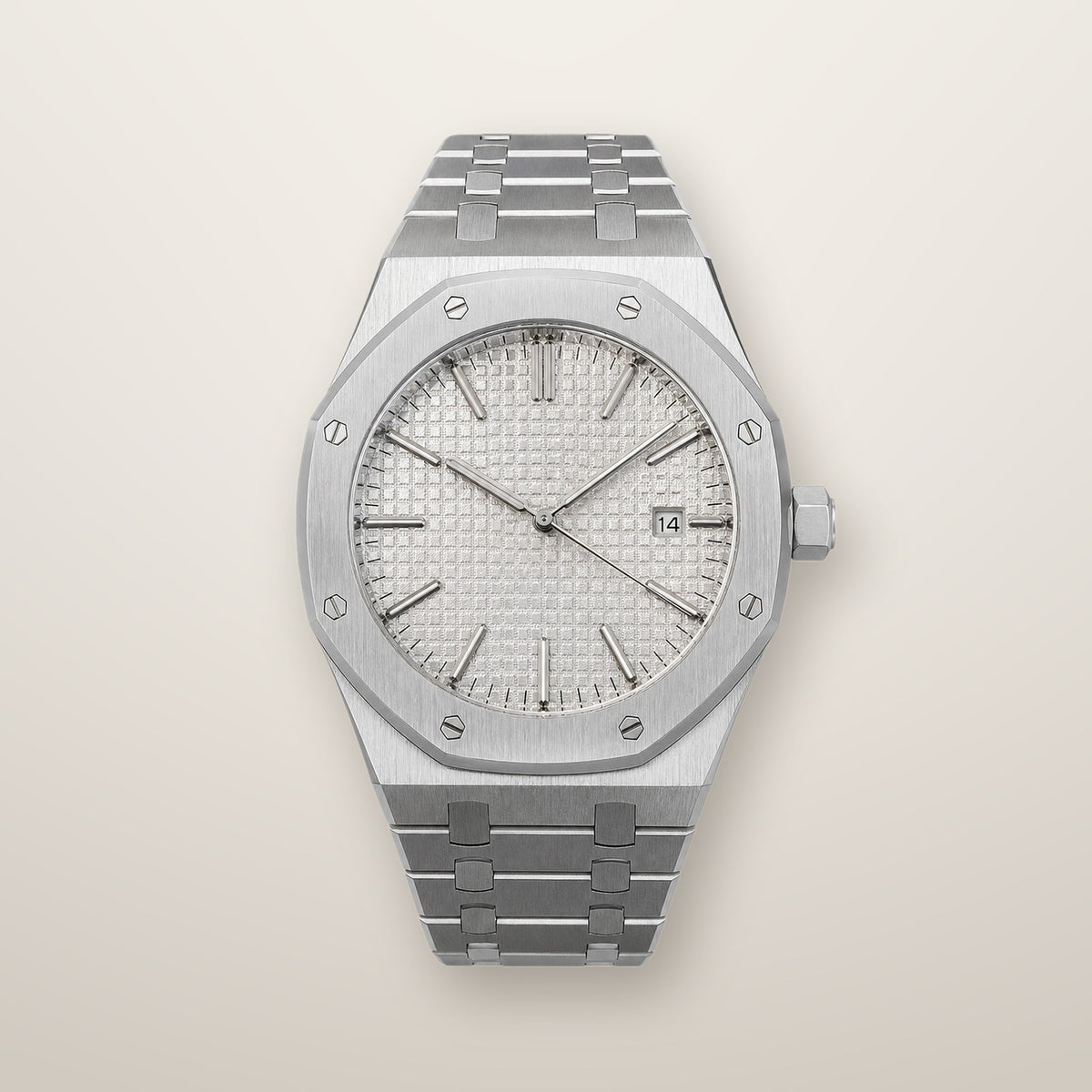 Steel octagon automatic watch with silver tapisserie dial