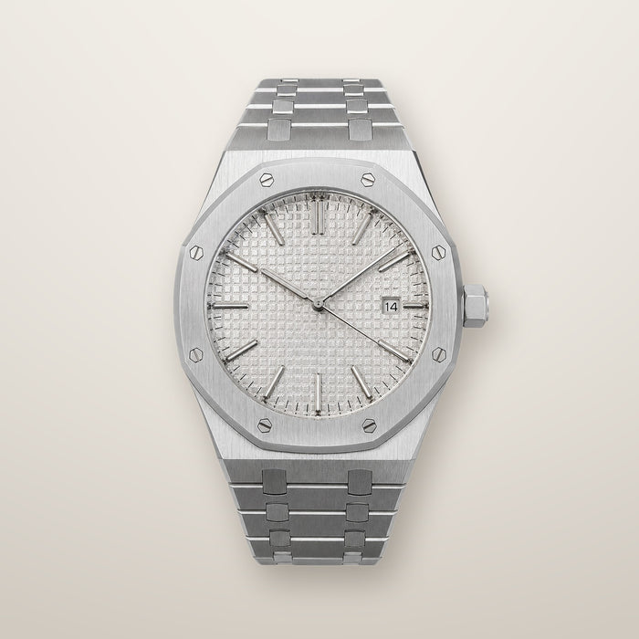 Steel octagon automatic watch with silver tapisserie dial
