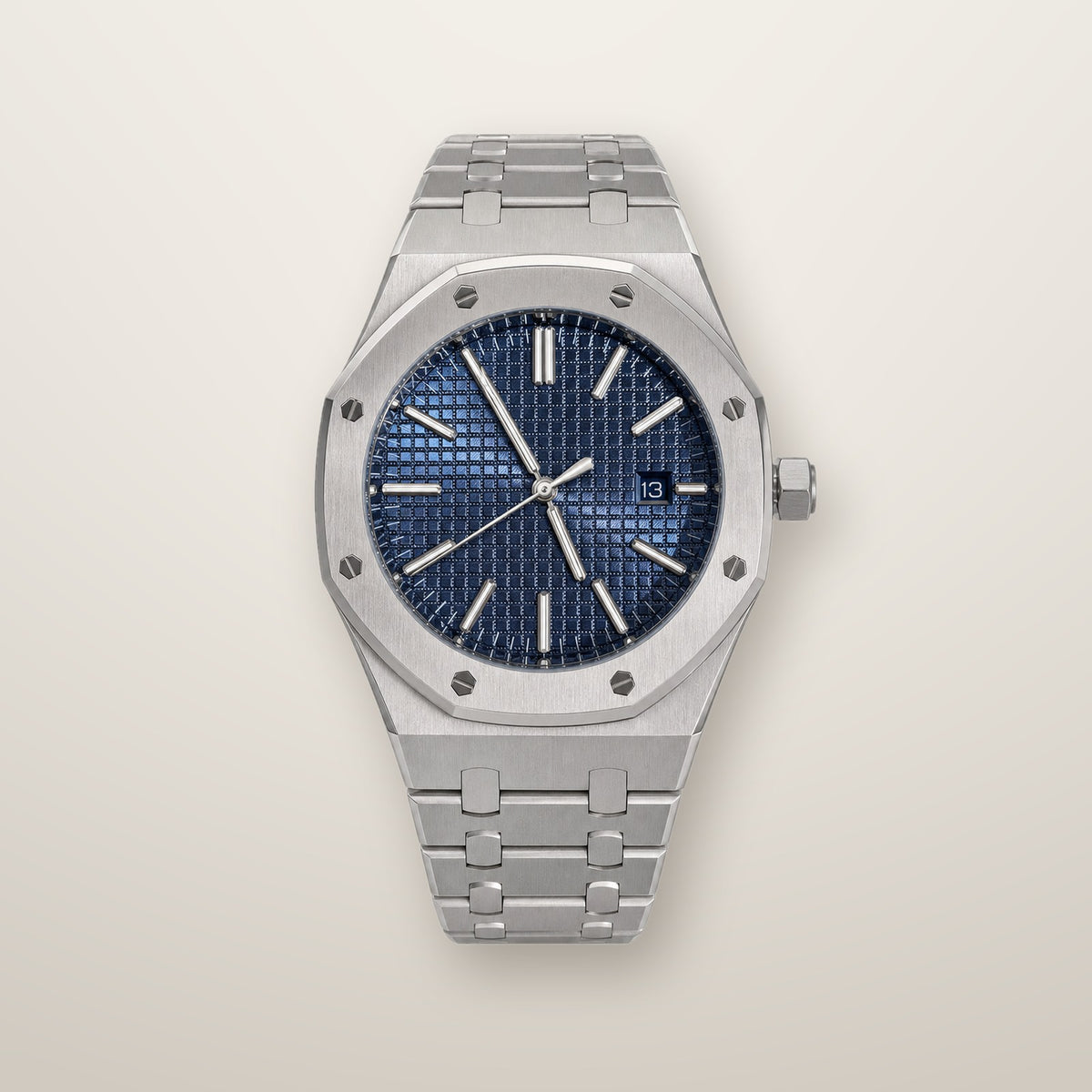 Steel octagon automatic watch with blue tapisserie dial
