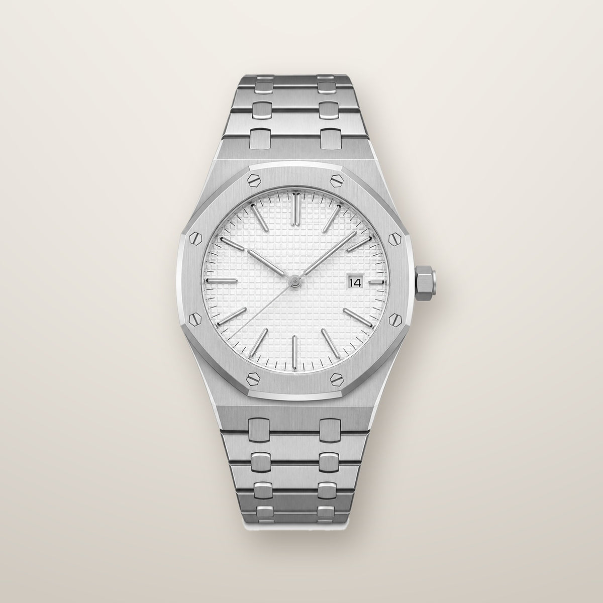 Steel octagon automatic watch with white dial