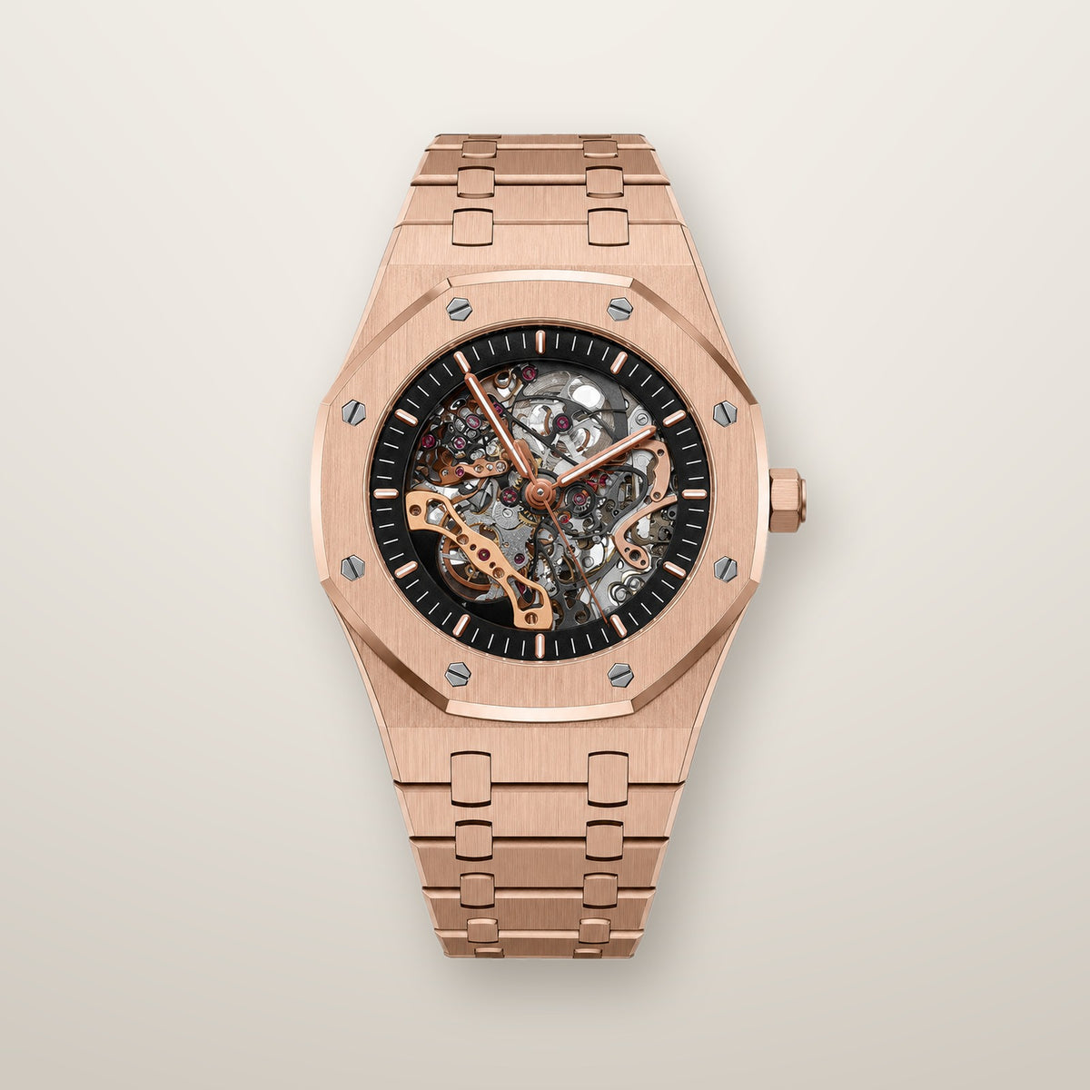 Rose gold octagon skeleton automatic watch
