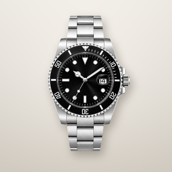 Steel diver automatic watch with black dial and bezel