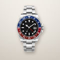 Steel GMT automatic watch with red and blue bezel