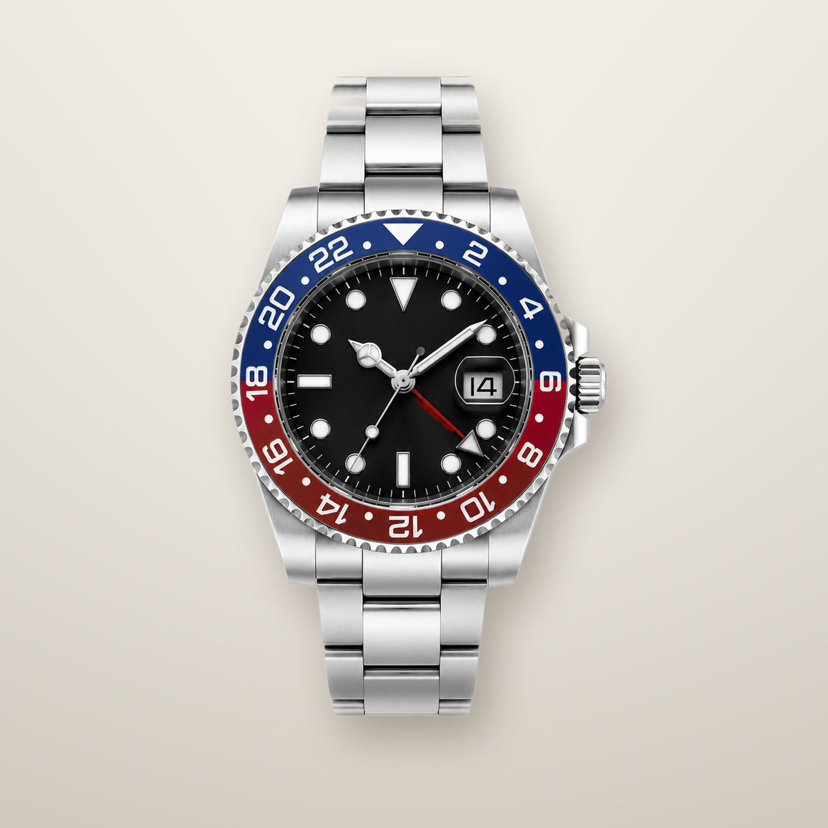 Steel GMT automatic watch with red and blue bezel