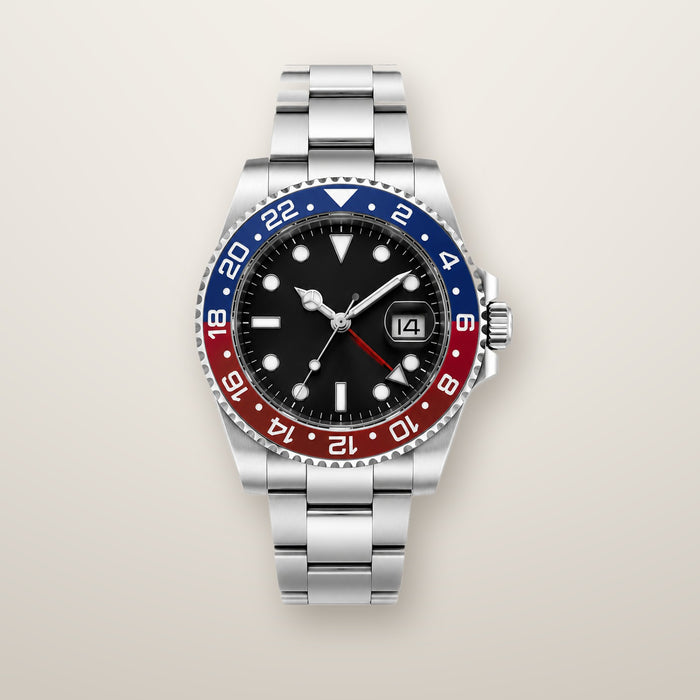 Steel GMT automatic watch with red and blue bezel