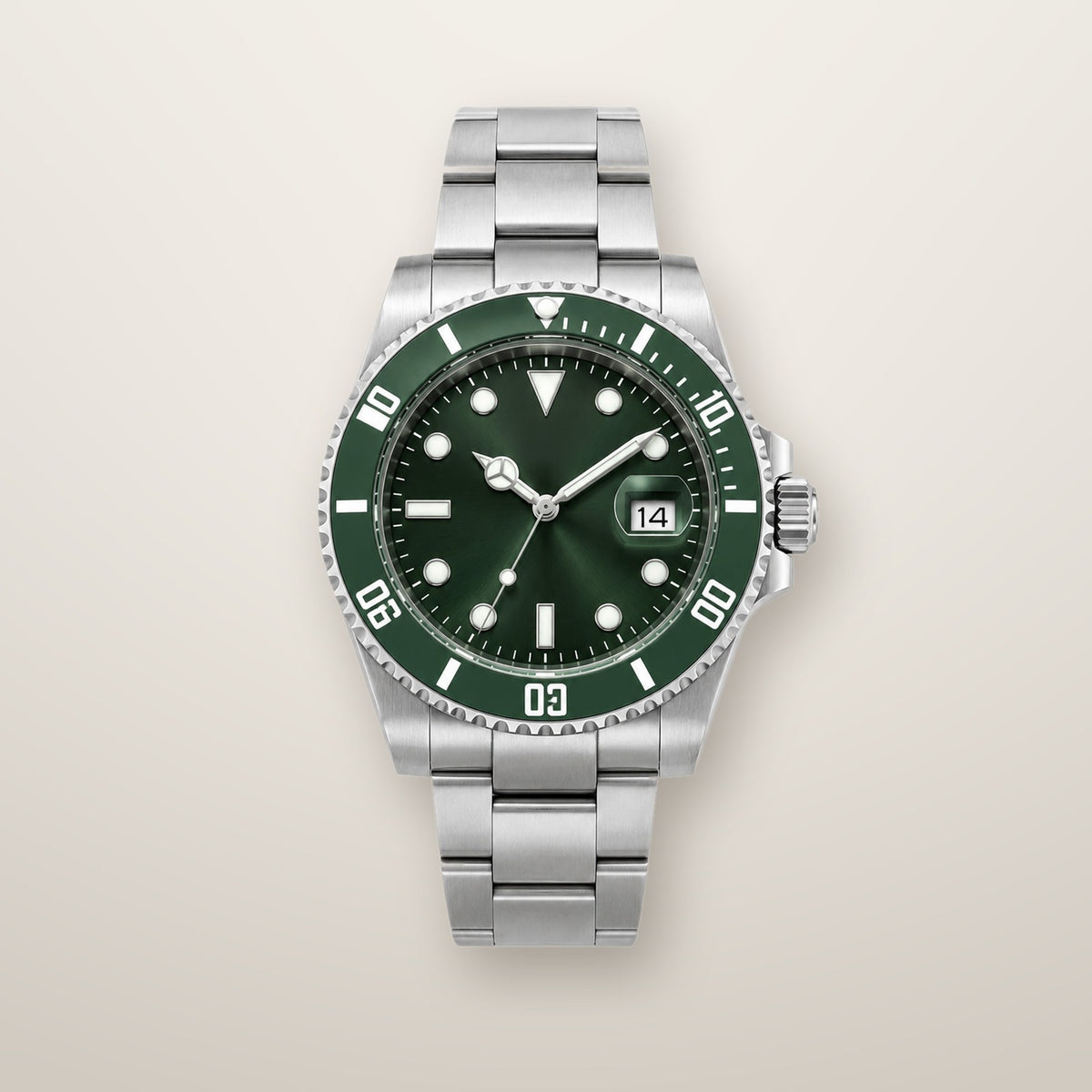 Steel diver automatic watch with green dial and bezel