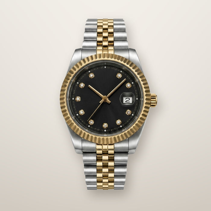 Two-tone fluted bezel date watch with black dial