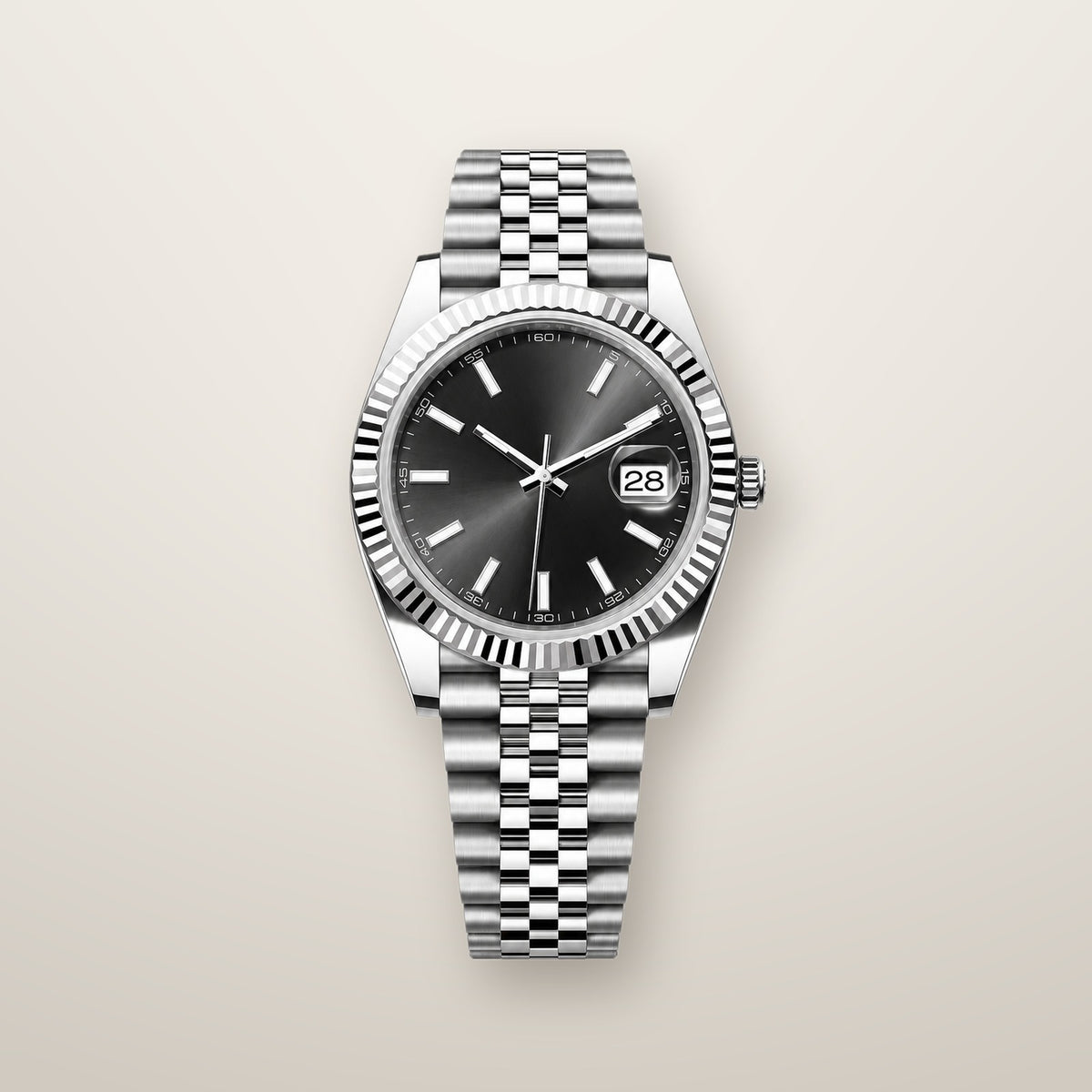 Steel fluted bezel date watch with black dial