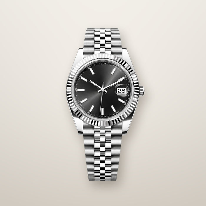 Steel fluted bezel date watch with black dial
