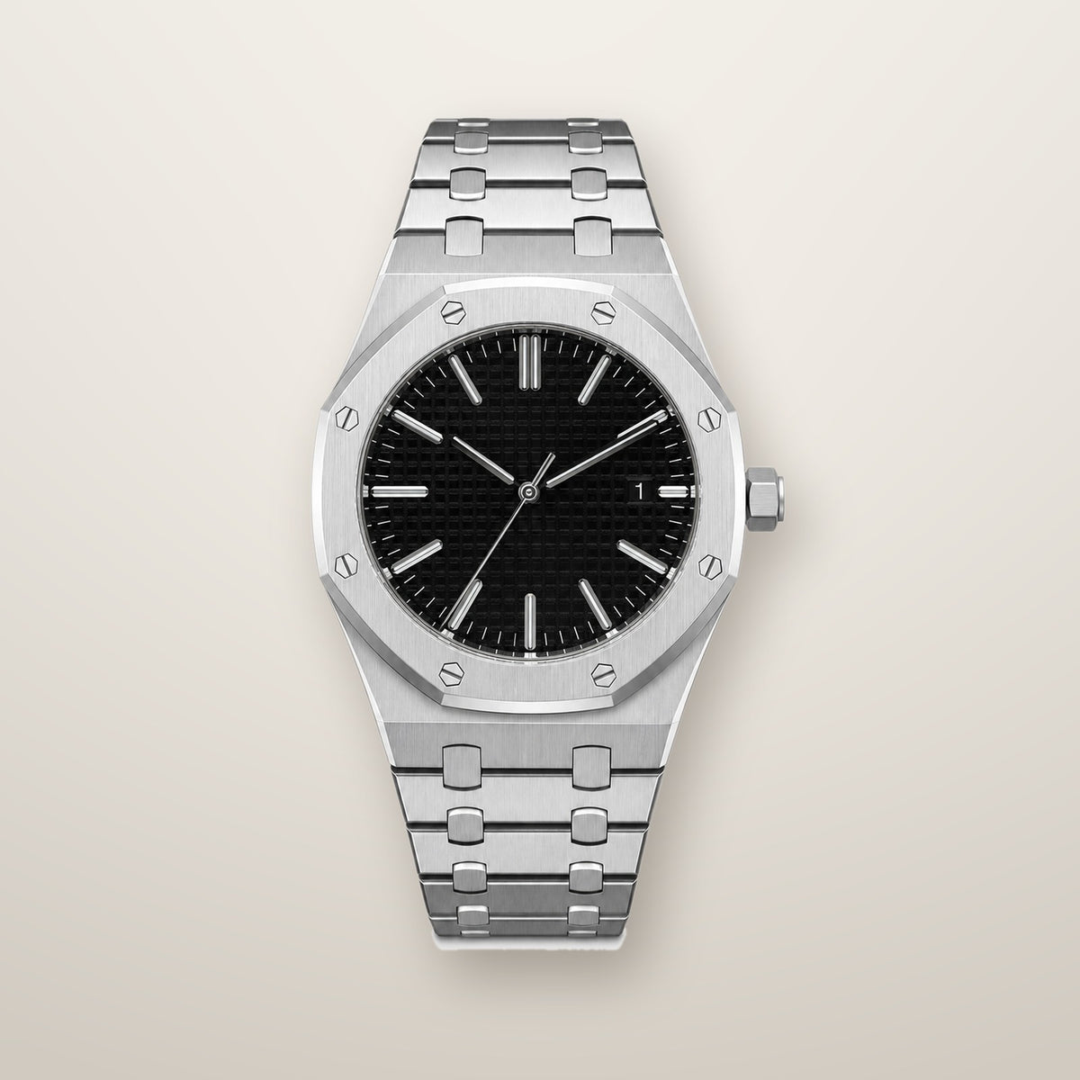 Steel octagon automatic watch with black dial
