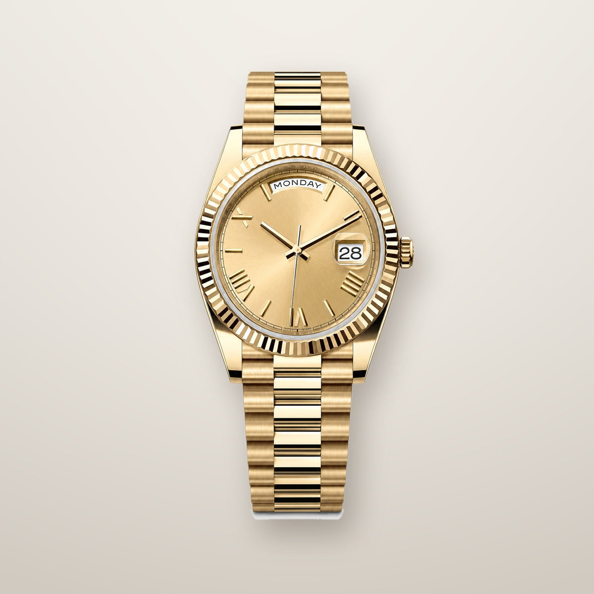 Gold fluted bezel day and date watch with champagne dial