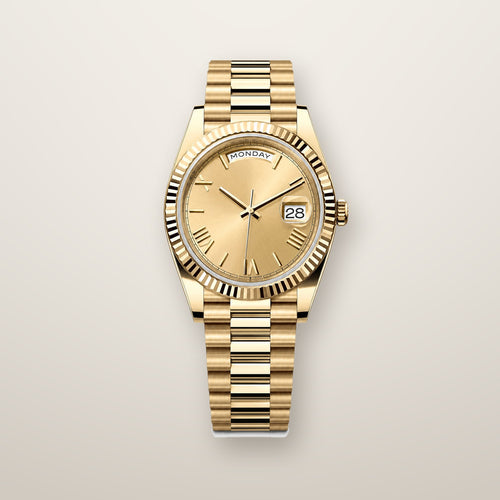 Gold fluted bezel day and date watch with champagne dial