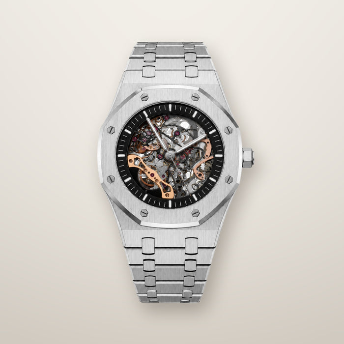 Silver octagon skeleton automatic watch