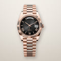 Rose gold fluted day and date watch, 41mm, black Roman dial