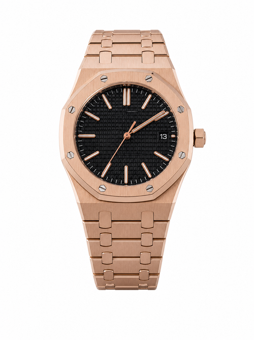 Octave Rose Gold Black watch — 41mm rose-gold case, octagonal bezel, black tapisserie dial, integrated rose-gold bracelet