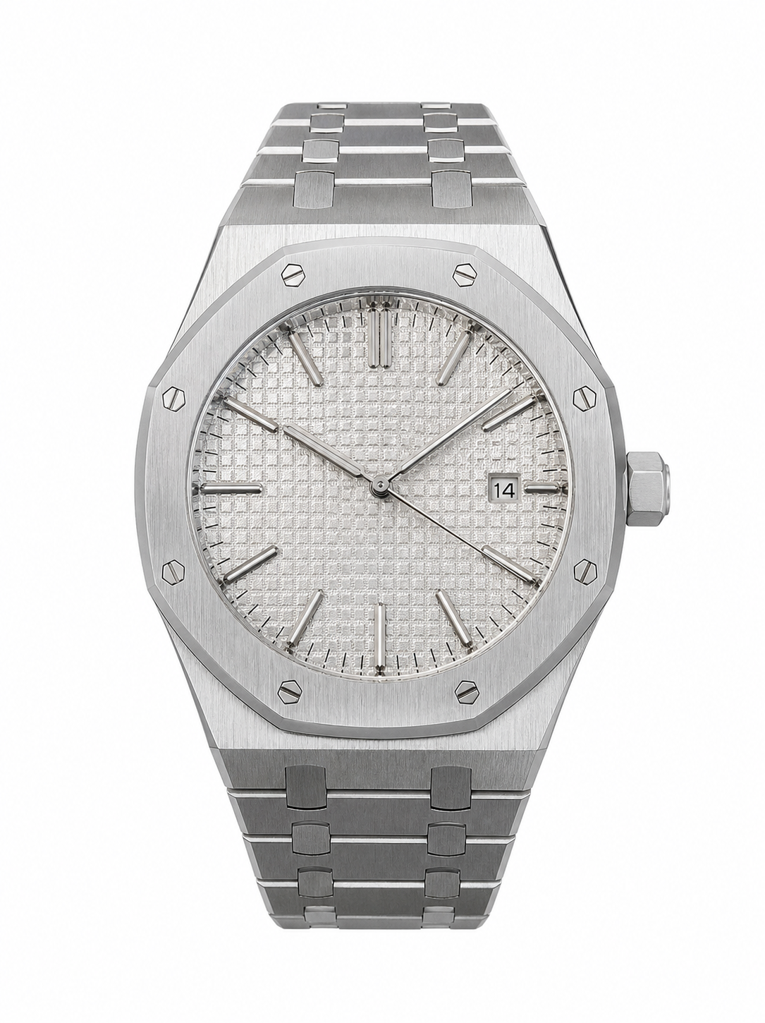 Octave Silver watch — 41mm stainless steel case, octagonal bezel, silver tapisserie dial, integrated steel bracelet