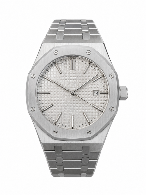 Octave Silver watch — 41mm stainless steel case, octagonal bezel, silver tapisserie dial, integrated steel bracelet