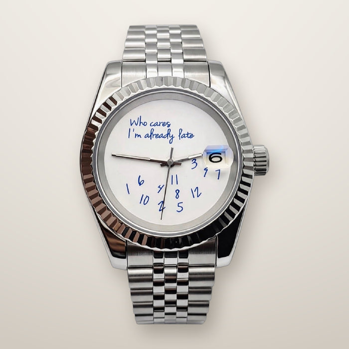 Fluted bezel date watch, 39mm, white novelty dial