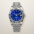Fluted bezel date watch, 39mm, blue Arabic numeral dial
