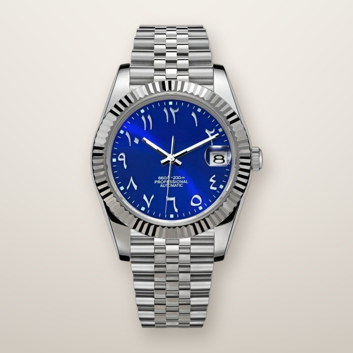 Fluted bezel date watch, 39mm, blue Arabic numeral dial