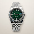 Fluted bezel date watch, 39mm, green ombre dial