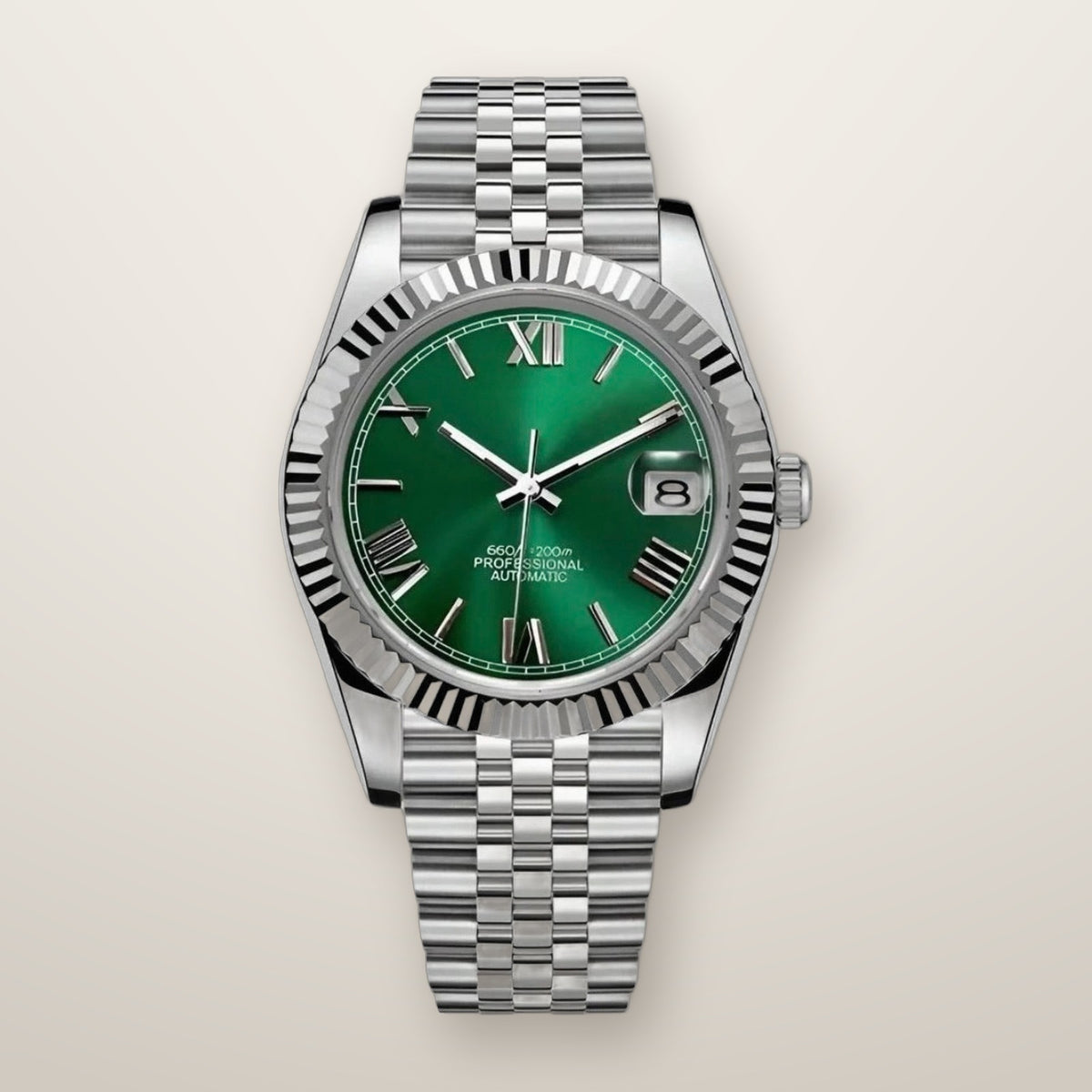 Fluted bezel date watch, 39mm, green Roman dial