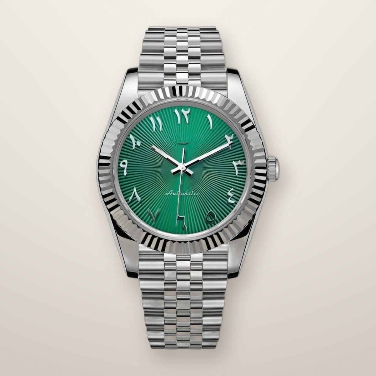 Fluted bezel watch, 39mm, green sunray Arabic dial