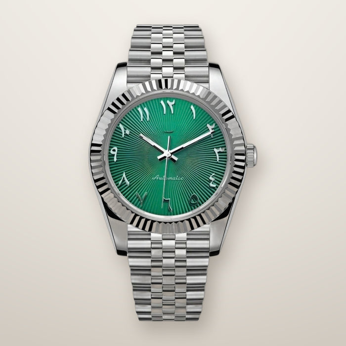 Fluted bezel watch, 39mm, green sunray Arabic dial