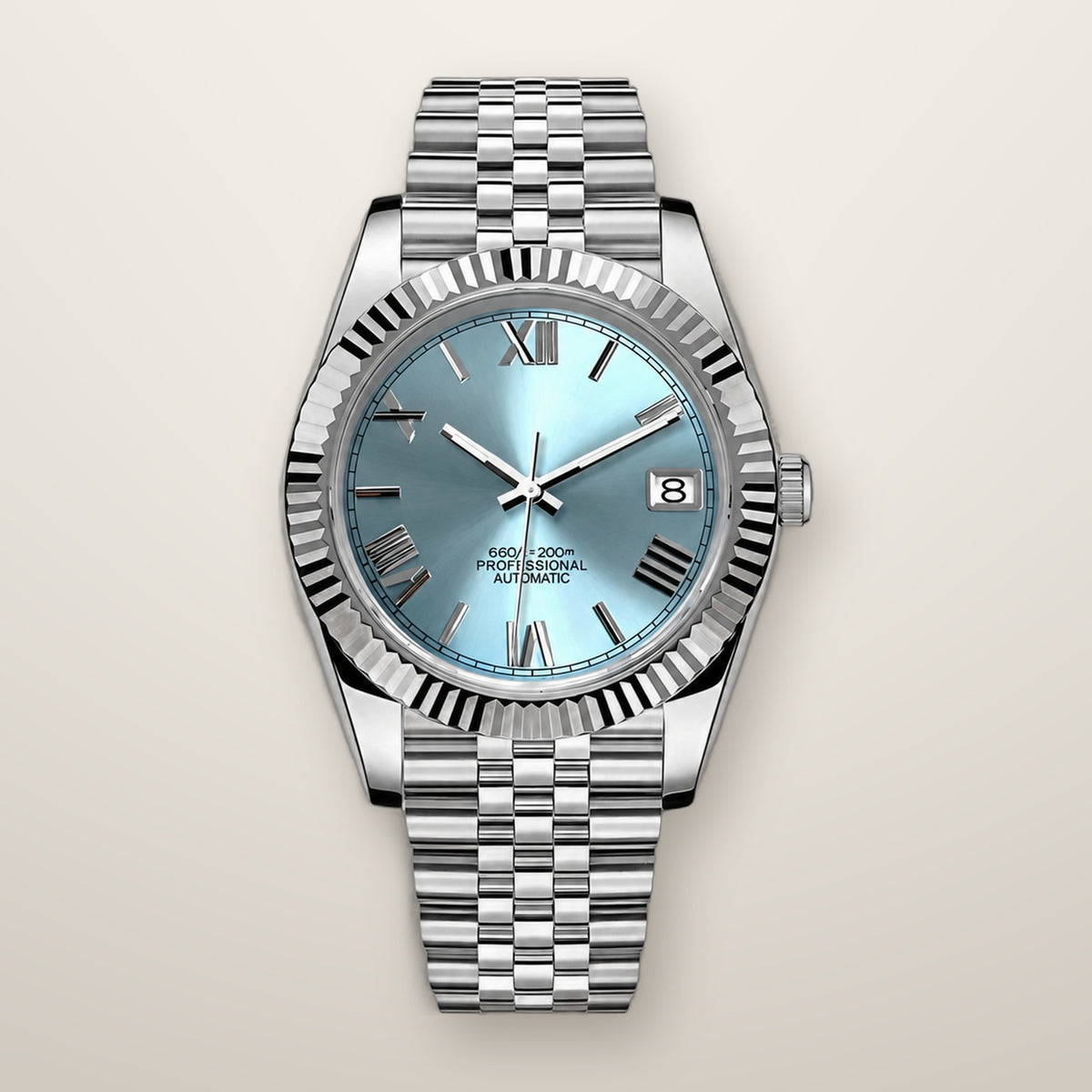 Fluted bezel date watch, 39mm, ice blue Roman dial