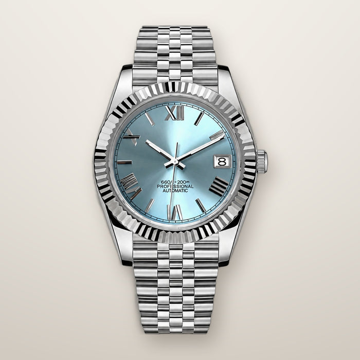 Fluted bezel date watch, 39mm, ice blue Roman dial