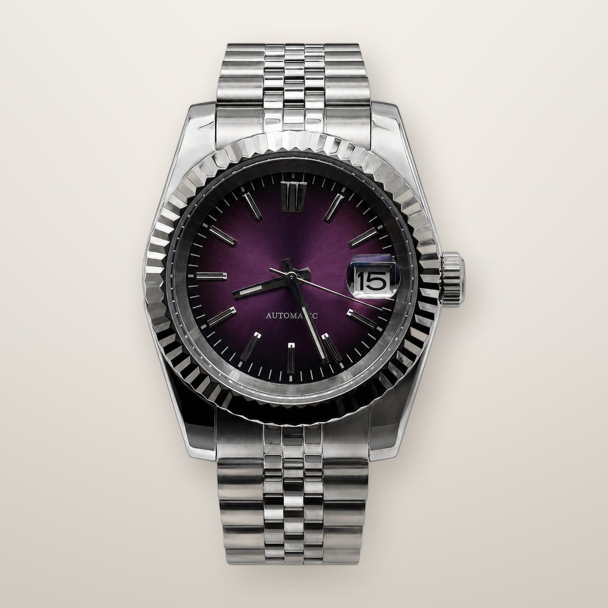 Fluted bezel date watch, 39mm, purple fade dial