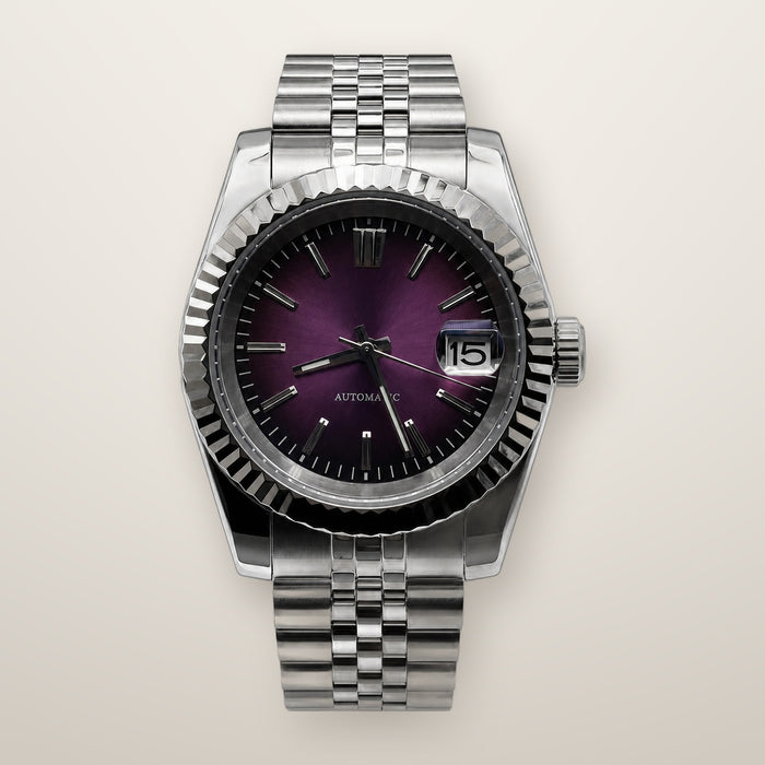 Fluted bezel date watch, 39mm, purple fade dial
