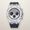Octagon chronograph watch, 42mm, white panda dial, navy rubber strap
