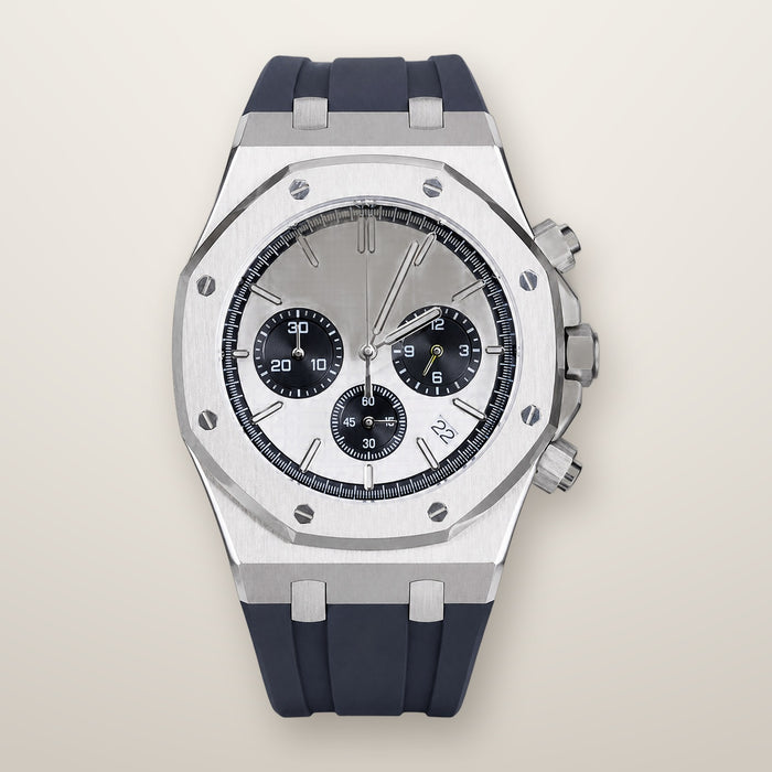 Octagon chronograph watch, 42mm, white panda dial, navy rubber strap