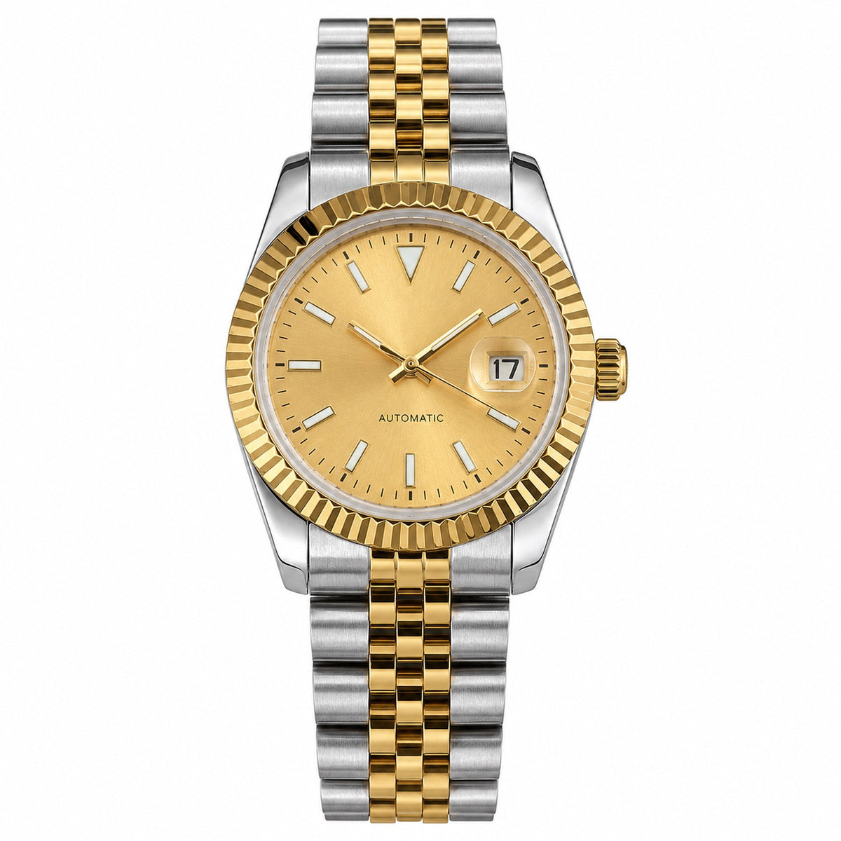 Two-tone fluted bezel date watch, 36mm, champagne dial