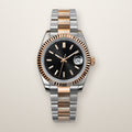 Two-tone rose fluted bezel date watch, 36mm, black dial