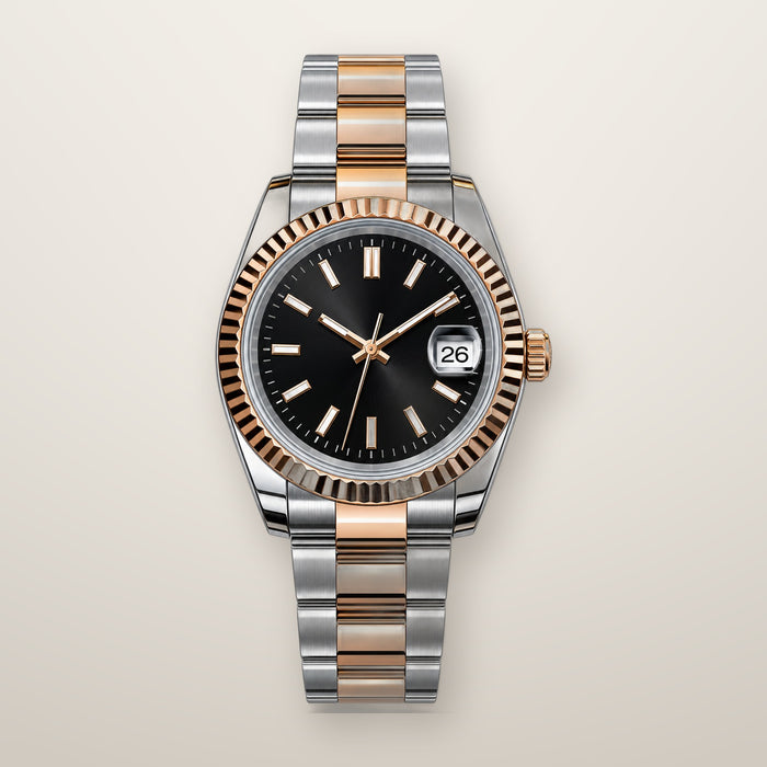 Two-tone rose fluted bezel date watch, 36mm, black dial