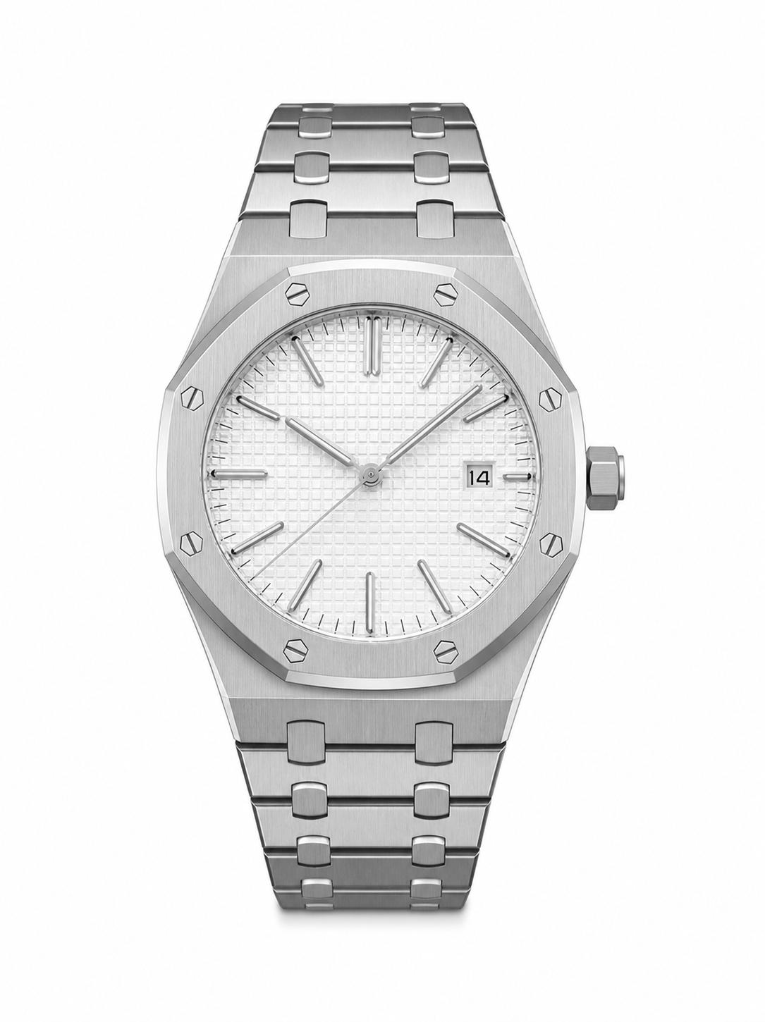 Octave White watch — 41mm stainless steel case, octagonal bezel, white dial with applied luminous indices, integrated steel bracelet